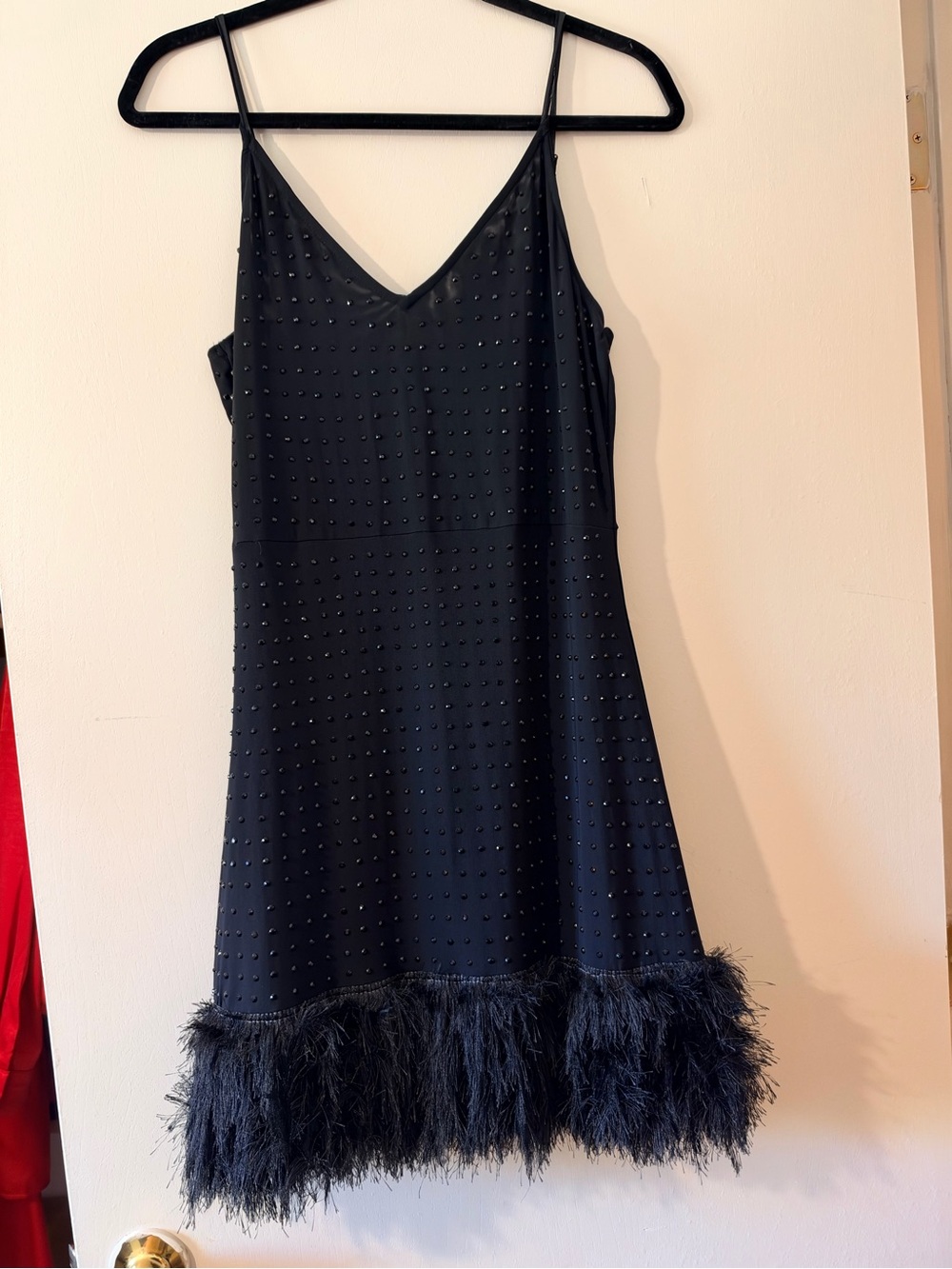 Black Feather Hem Beaded Mini Dress
